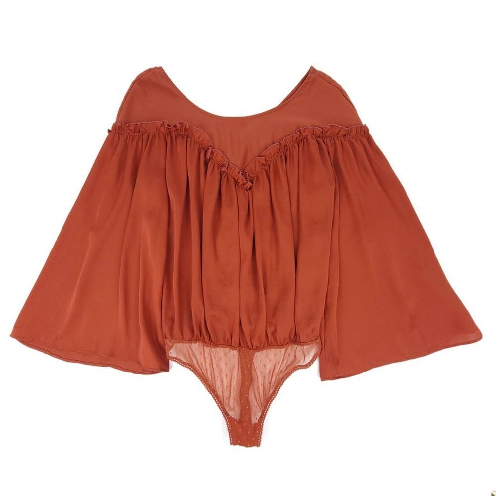 FREE PEOPLE She's A Natural Bodysuit Wide Sleeve Boho Peasant Rust Red Medium